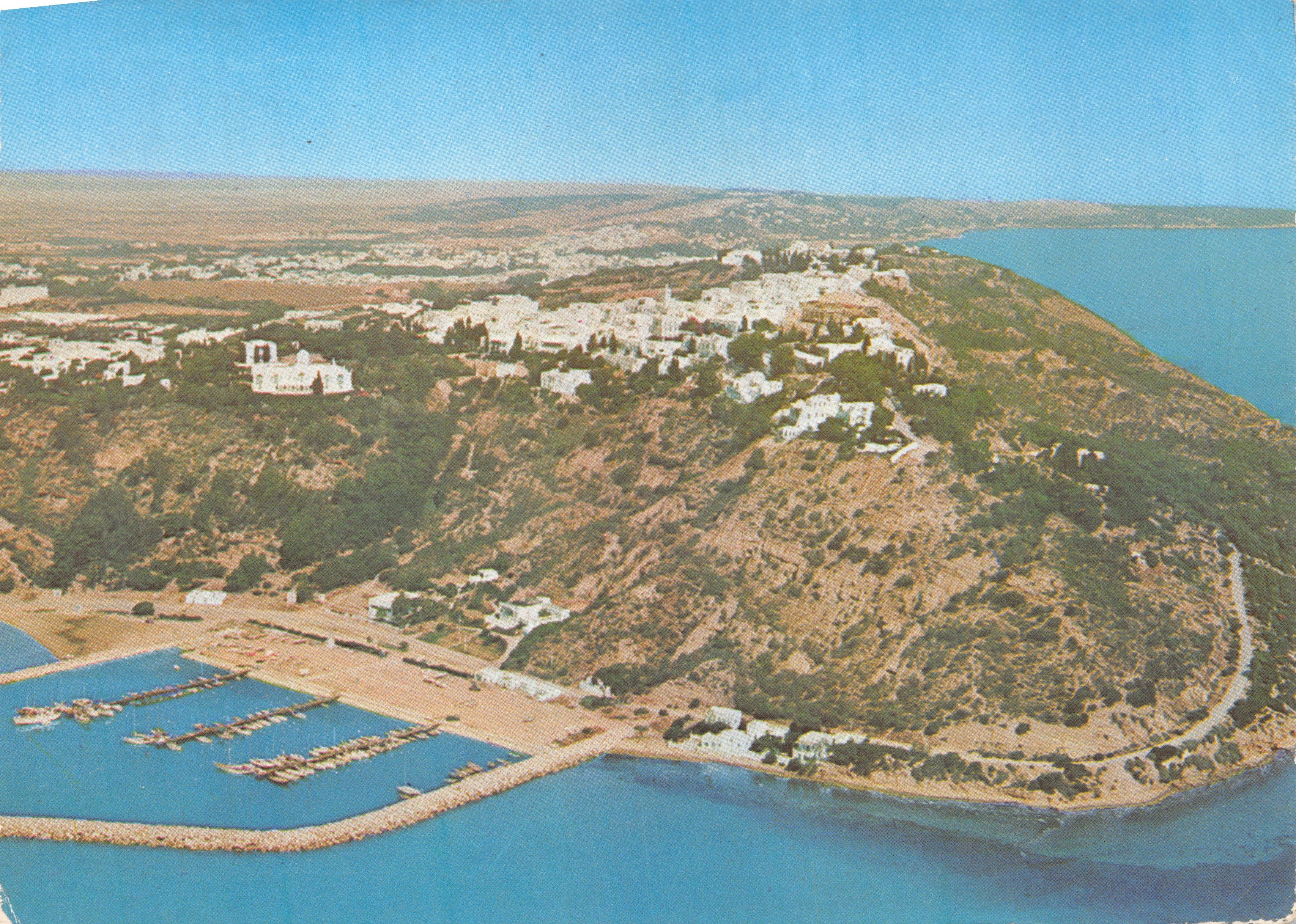 Sidi Bou Saïd (Tunisie) — vue aérienne du village et du port — Couleurs naturelles