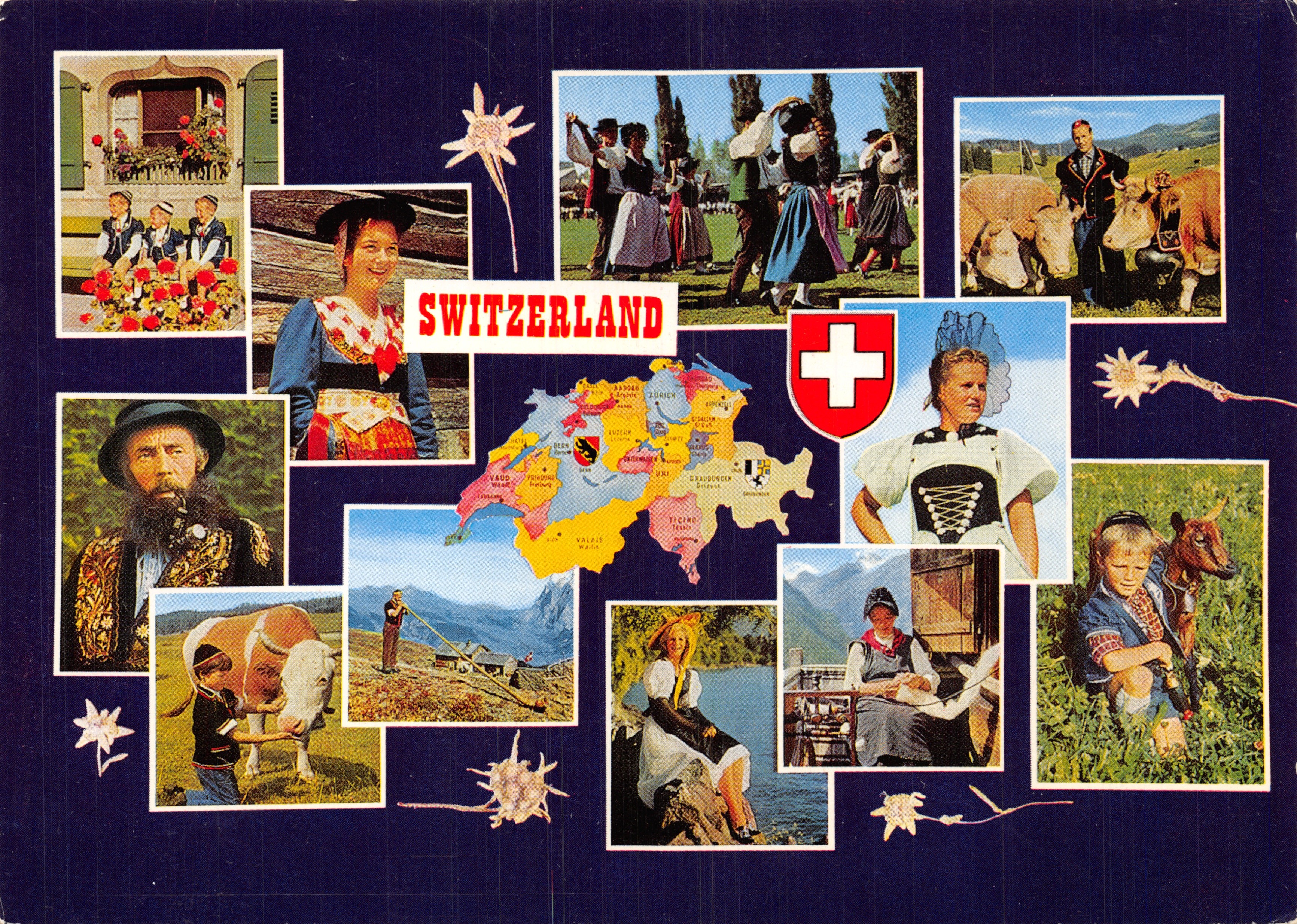 Suisse — collage de scènes folkloriques et paysages — Jaeger