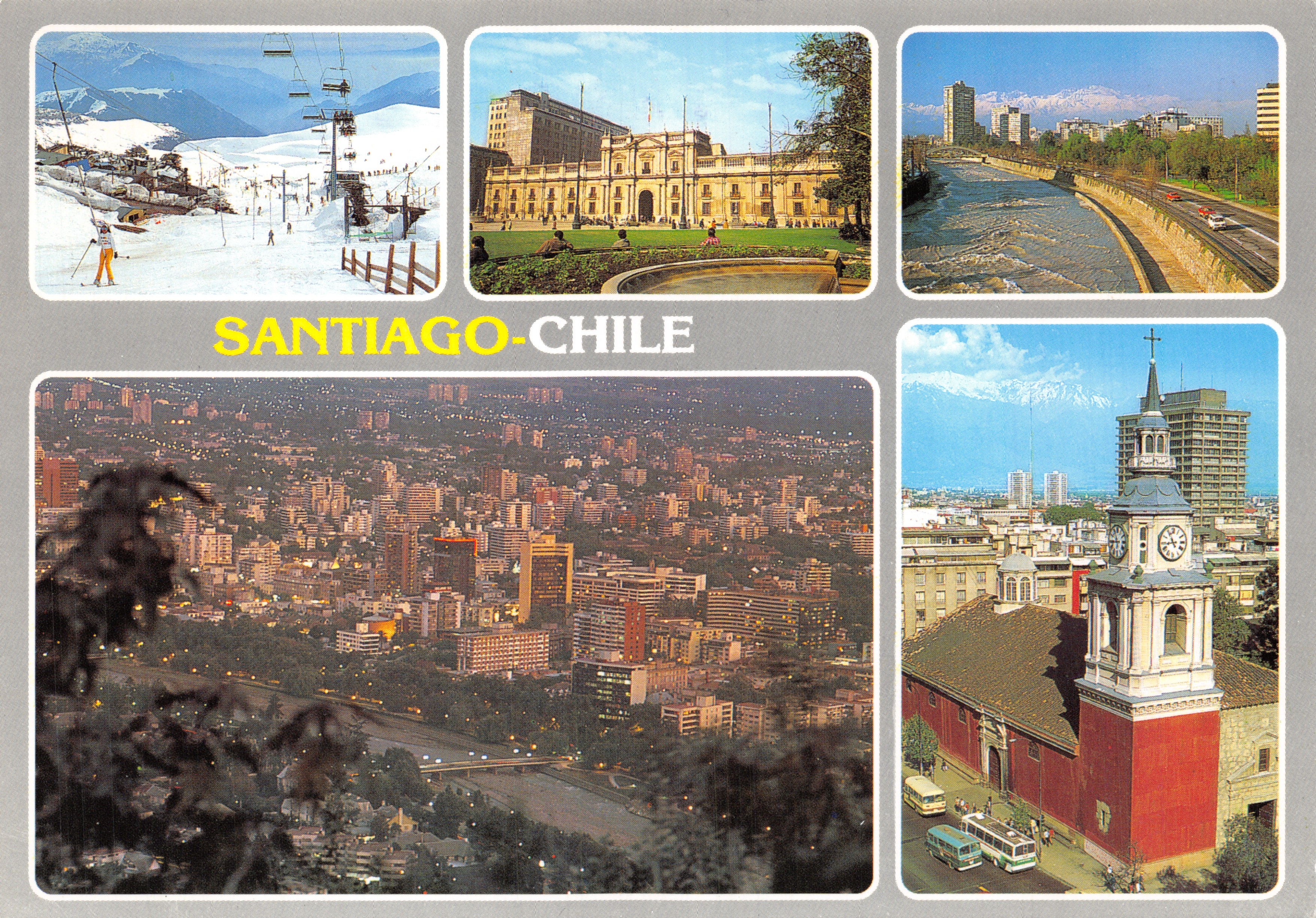 Santiago-Chili — vue panoramique, station de ski, Palacio de La Moneda, Rio Mapocho, Iglesia colonial de San Francisco — éditeur MERCED POR HISPAPEL LTDA