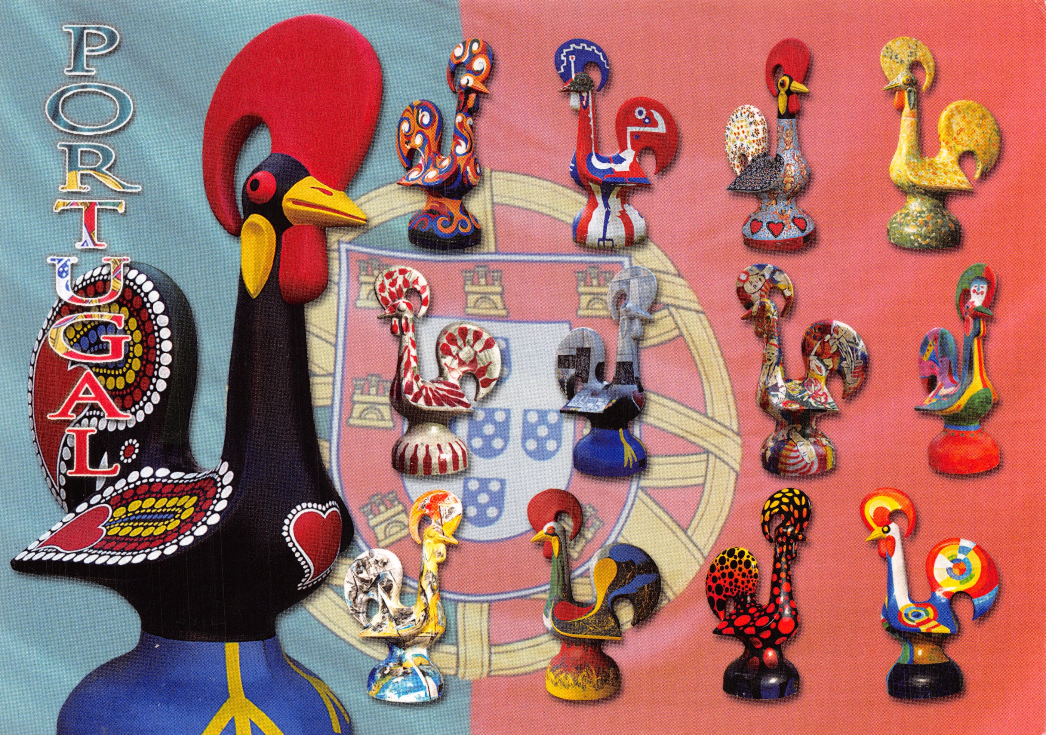 Coqs de Portugal — collection de figurines colorées devant l'écusson national — éditeur O Gale