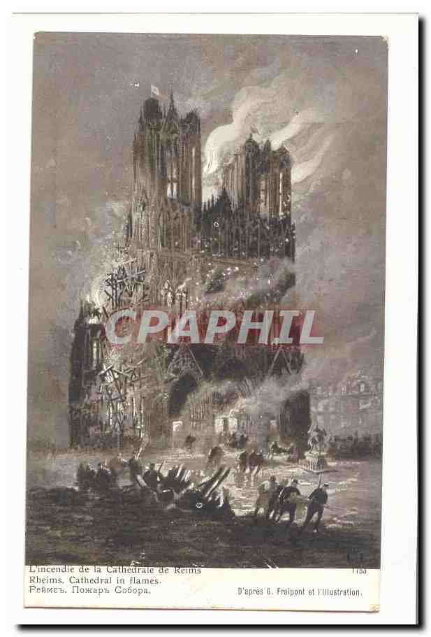 CPA L'incendie de la cathedrale de Reims