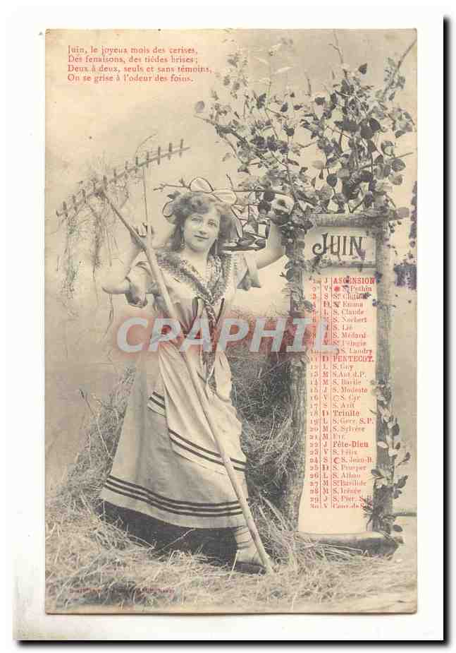 Femme en costume de mois de juin — calendrier et poème — éditeur non visible