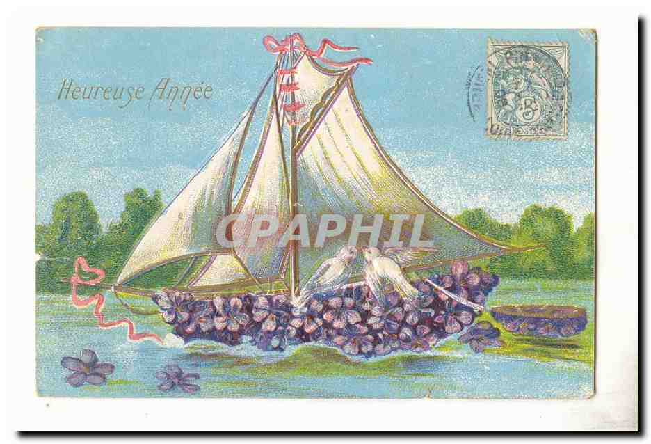 Bateau à voile chargé de grappes de raisin — Heureuse Année — éditeur non visible