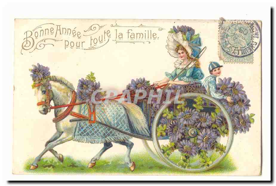 Femme et enfant dans une voiture de cheval décorée de fleurs — Bonne Année pour toute la famille — éditeur inconnu