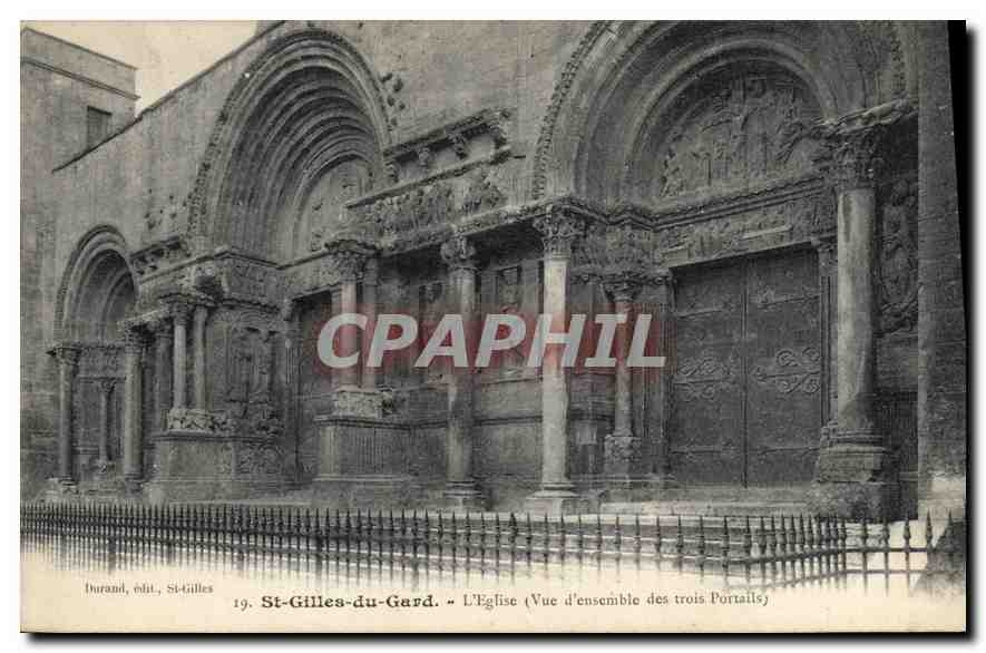 St-Gilles-du-Gard — L'Église (Vue d'ensemble des trois Portails) — Durand, édit., St-Gilles