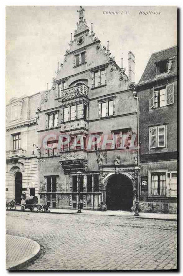 Colmar i. E. Kopfhaus — façade d'un bâtiment historique avec balcon sculpté — éditeur Kunstverlag E. Hartmann, Strasbourg