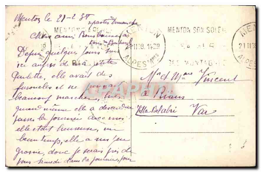 CPA Grimaldi Ventimiglia Frontiera italo francese — Verso