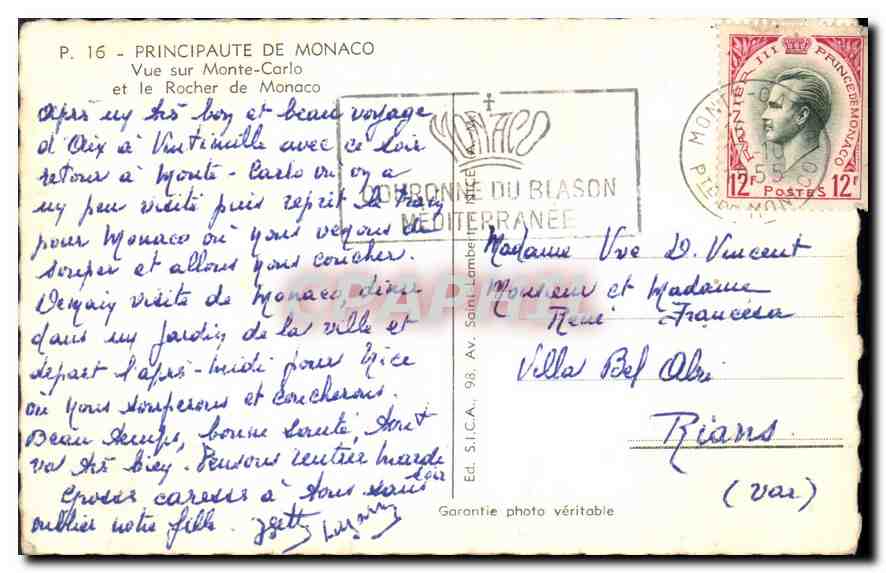 CPA Principaute de Monaco Vue sur Monte Carlo et le Rocher de Monaco  — Rückseite