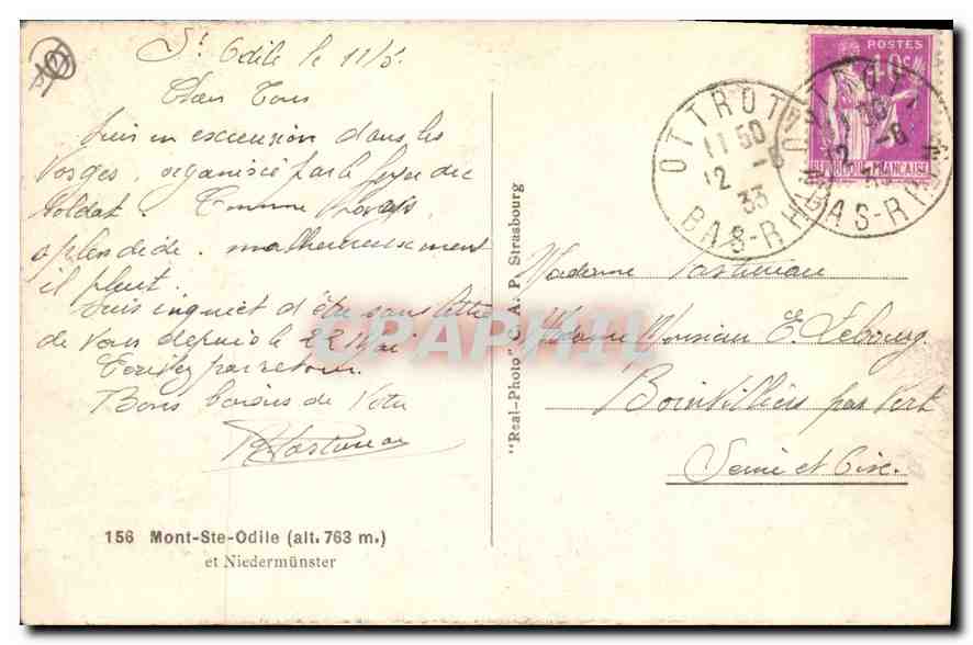 CPA Mont Sainte Odile et Niedermunster  — Verso