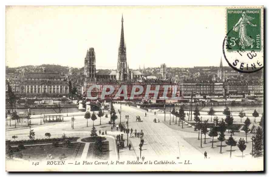 CPA Rouen La Place Carnot le Pont Boeldieu et la Cathedrale 