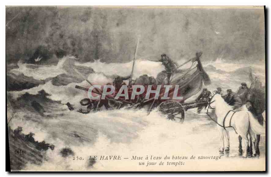 CPA Le Havre Mise a l'eau du bateau de Sauvetage un jour de tempete 