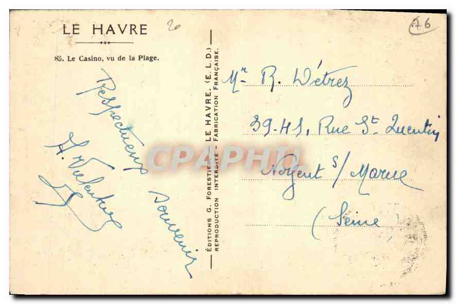CPA Le Havre le Casino vu de la Plage  — Rückseite