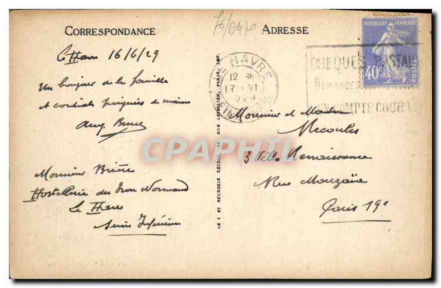 CPA Le Havre l'Hotel et la Plage Frascati  — Verso