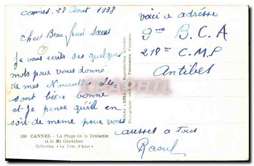 CPA Cannes la plage de la Croisette et le Mt Chevalier  — Rückseite