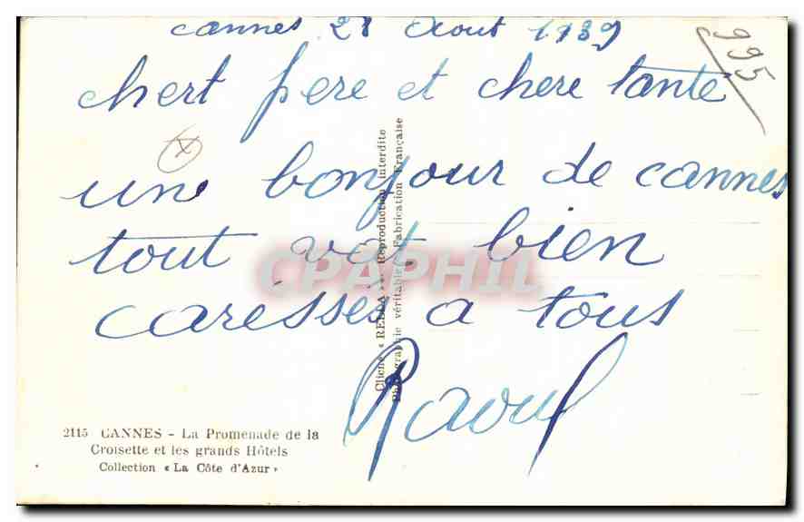 Cannes — La Promenade de la Croisette et les grands Hôtels — Collection « La Côte d'Azur » — éditeur Rella — Rückseite