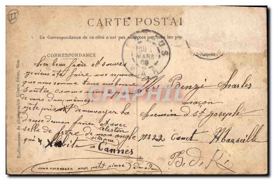 CPA Cannes Les Cours et le Casino pris du Mont Chevalier  — Rückseite