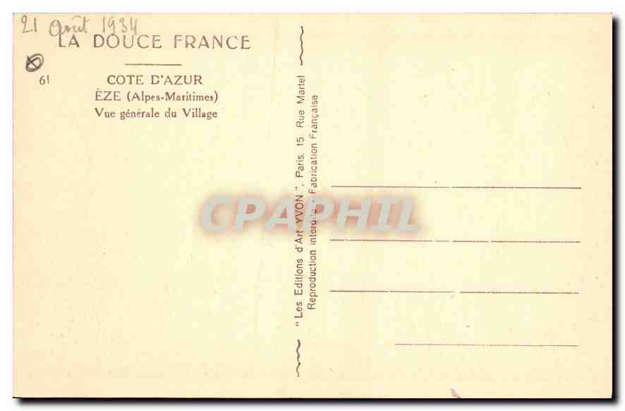 CPA Cote d'Azur Eze Alpes Maritimes vue generale du Village  — Back