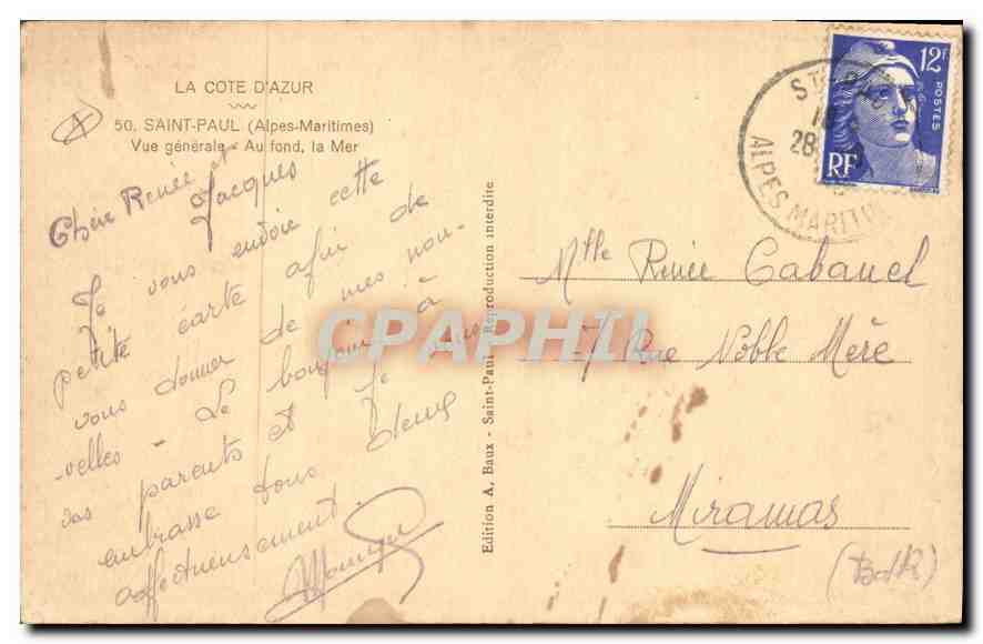 CPA Saint Paul Alpes Maritimes vue generale au fond la Mer  — Rückseite