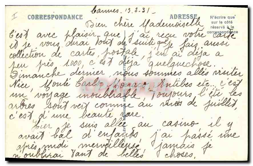 CPA Cote d'Azur chemin Fleuri  — Rückseite