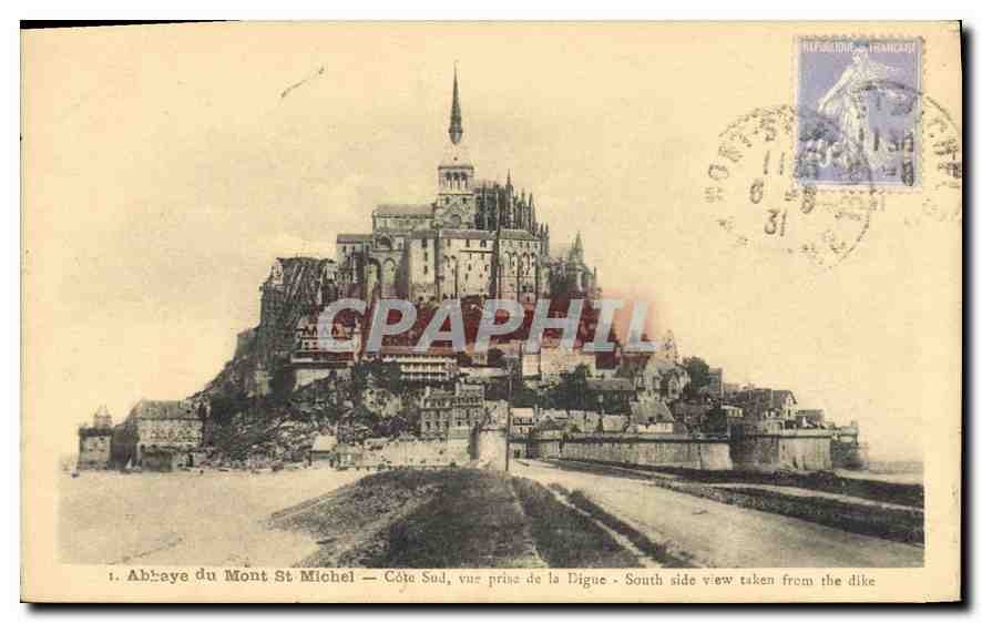 Abbaye du Mont St Michel — Côte Sud, vue prise de la Digue — éditeur Monuments Historiques, Paris