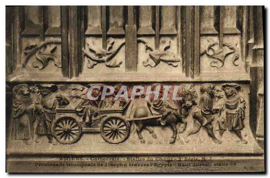 Amiens - Cathédrale - Stalles du Chœur - 4e Siècle, N° 7. Promenade triomphale de Joseph travers l'Égypte - Haut doré, stalle 66