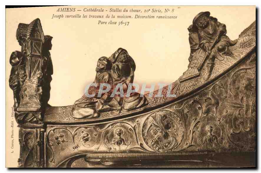 CPA Amiens Cathedrale Stalles du Choeur Joseph surveille les travaux de la maisson Decoration renais
