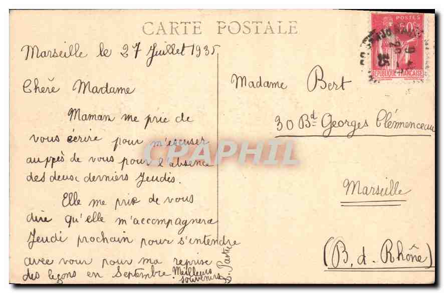 CPA Marseille Place Castellane Fontaine Cantini et le Prado  — Verso