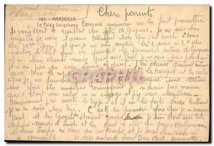 CPA Marseille Le Palais Longchamp  — Verso