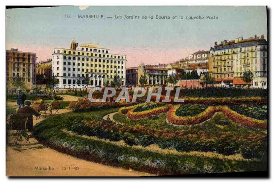 CPA Marseille Les Jardins de la Bourse et la nouvelle Poste 