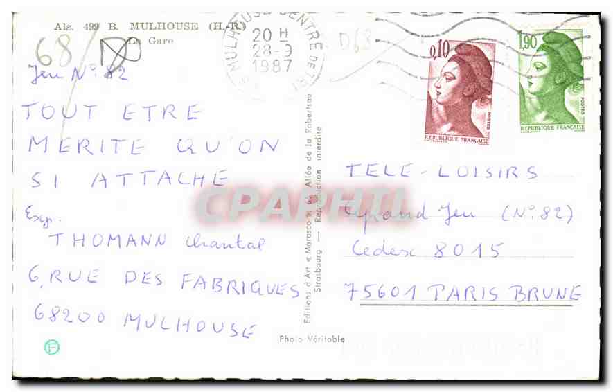 CPA Mulhouse H R La Gare  — Rückseite