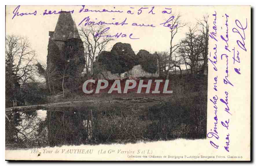 Tour de Vautheau — ruines et reflet dans un étang — Collection des Châteaux de Bourgogne, Phototypie Bourgogne Frères, Chalon-sur-Saône