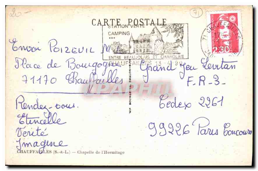 Chapelle de l'Hermitage — Chauffailles (S.-&-L.) — éditeur MP Bourgoin-Chamalons — Verso