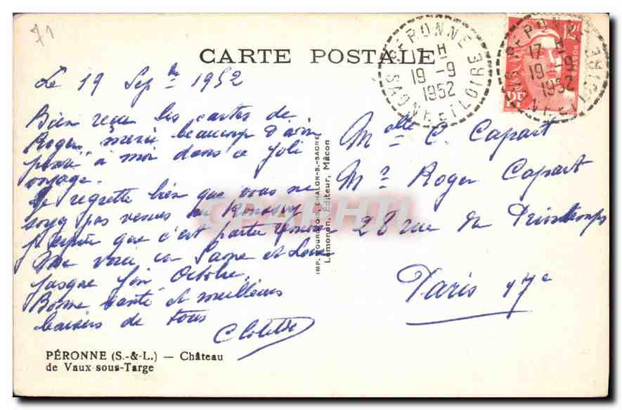 CPA Peronne S & L Chateau de Vaux sous Targe  — Verso