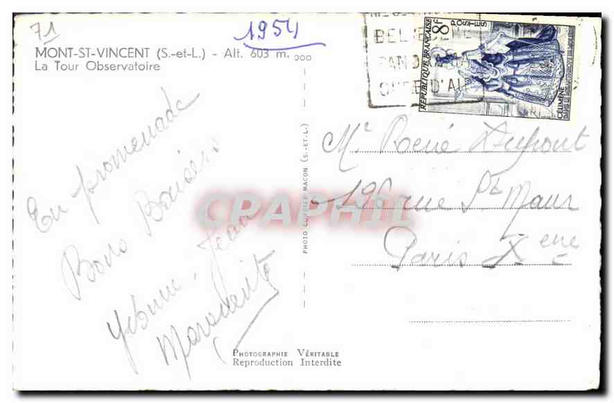 CPA Mont St Vincent S et L La Tour Observatoire  — Rückseite