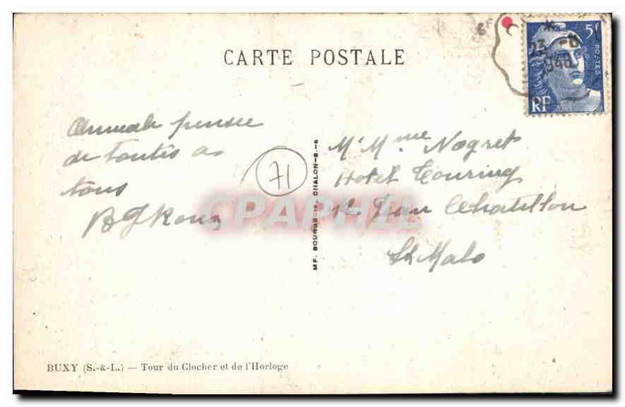 Buxy (S.-&-L.) — Tour du Clocher et de l'Horloge — Éditeur M.F. Bourdon-Dialon-S-8 — Verso