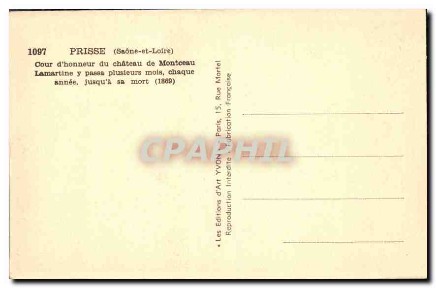 Cour d'honneur du château de Montceau — Prisse (Saône-et-Loire) — Yvon, n° 1097 — Verso