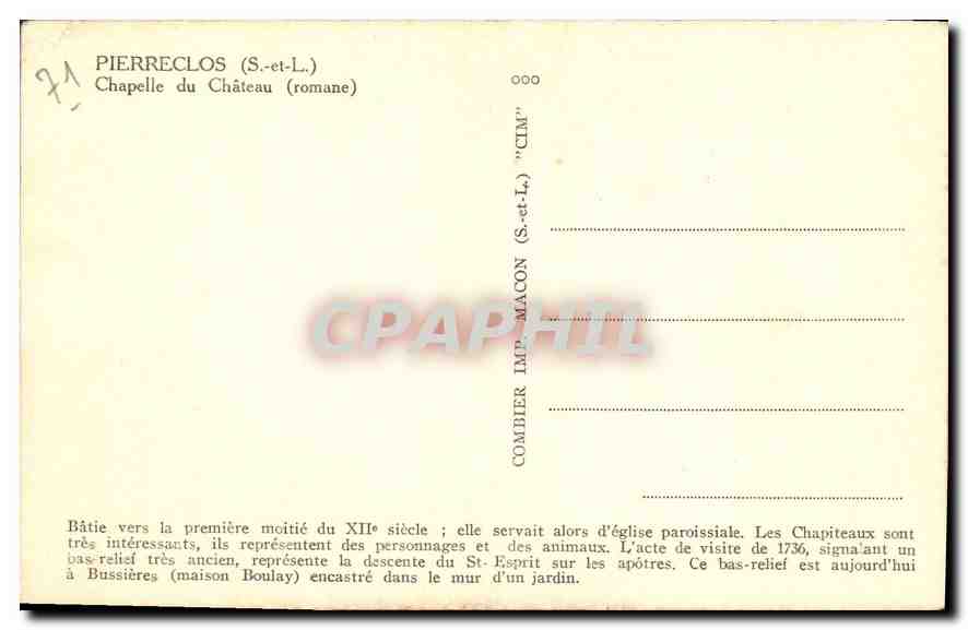 CPA Pierreclos S et L Chapelle du Chateau romane  — Verso