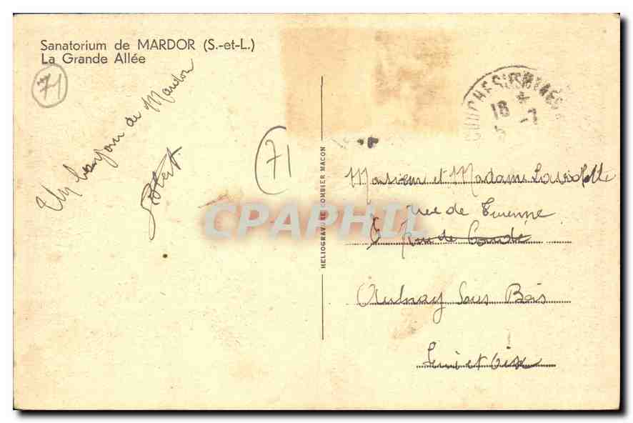 CPA Sanatorium de Mardor S et L La Grande Allee  — Verso