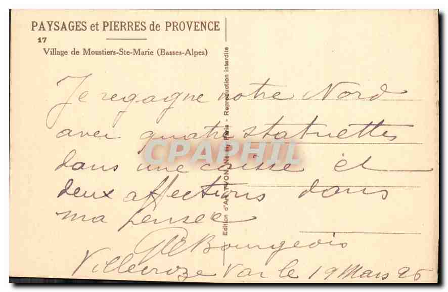 CPA Village de Moustiers Ste Marie Basses Alpes  — Rückseite