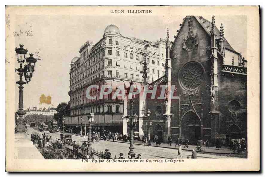 CPA Lyon Illustre Eglise St Bonaventure et Galeries Lafayette 