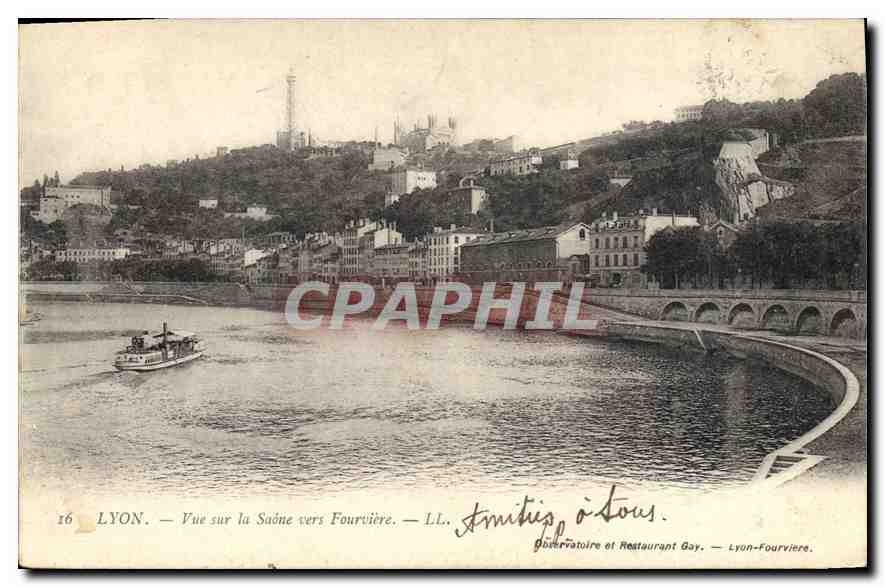 LYON — Vue sur la Saône vers Fourvière — LL. — Observatoire et Restaurant Gay — Lyon-Fourvière