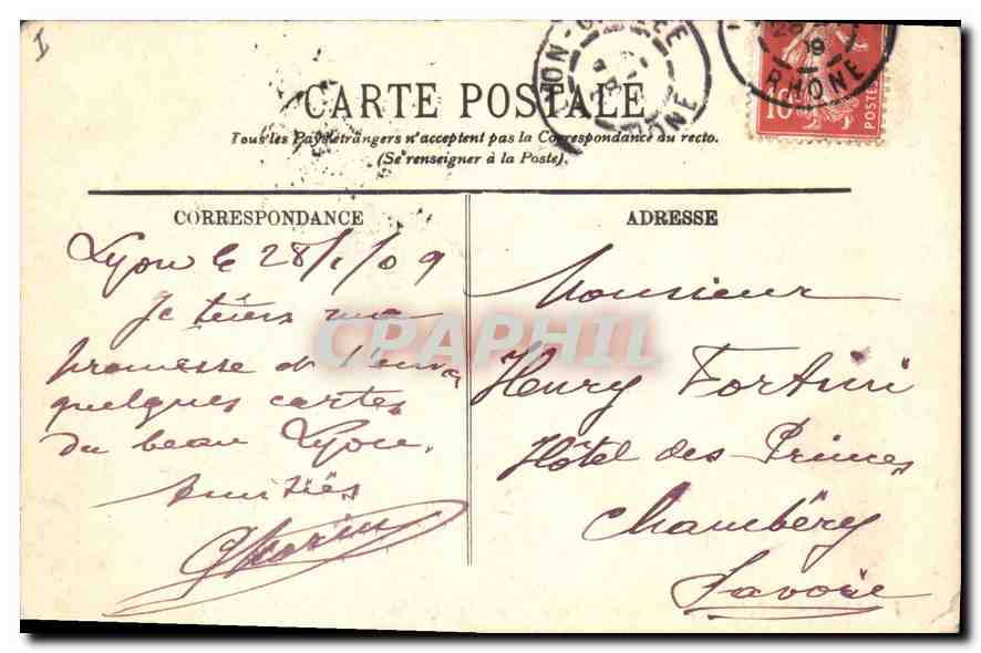 CPA Lyon Le Palais de Justice et le Coteau de Fourviere La Tour et le Restaurant Gay  — Verso