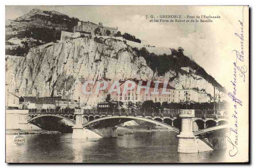 Grenoble — Pont de l'Esplanade et les Forts de Rabot et de la Bastille — J. G. éditeur
