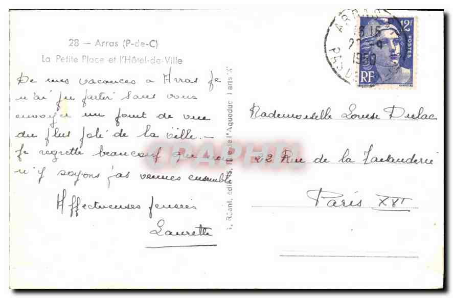 CPA Arras (P de C) La Petite Place et Hotel de Ville — Rückseite