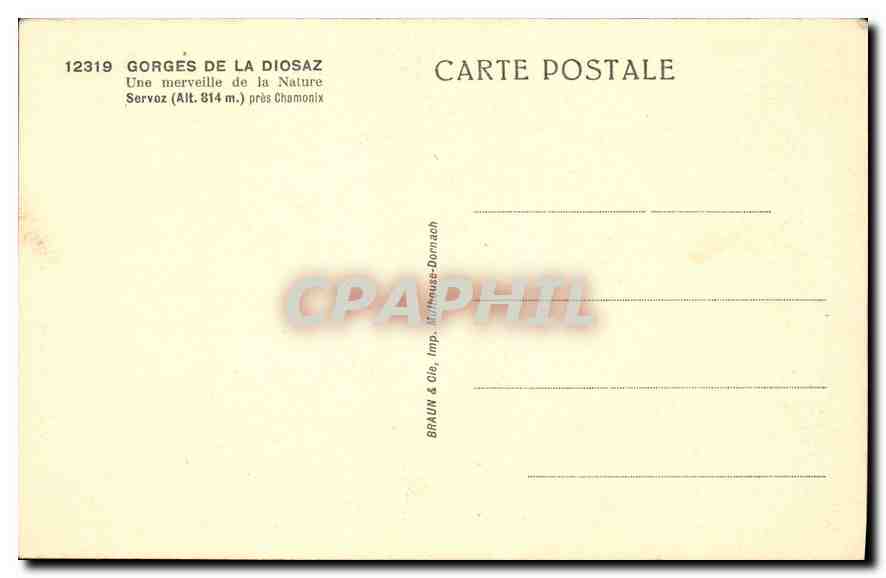 Cascade de l'Aigle — Gorges de la Diosaz, Servoz (Alt. 814 m.) près Chamonix — BRAUN & Cie, Imp. Mollnitz-Dornach — Rückseite