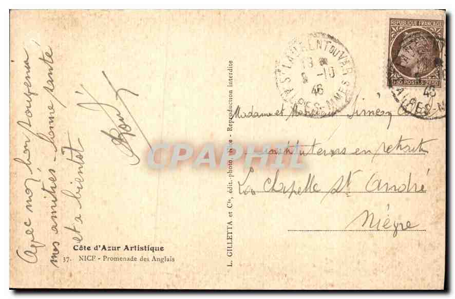CPA Cote d'Azur Artistique Nice Promenade des Anglais — Verso