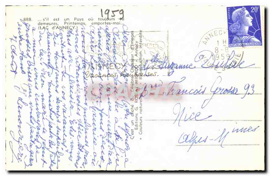 Lac d'Annecy — vue printanière avec fleurs de cerisier — Éditions G. ROS, n°888 — Verso