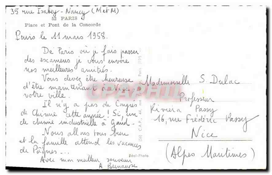 CPA Paris Place et Pont de la Concorde — Rückseite