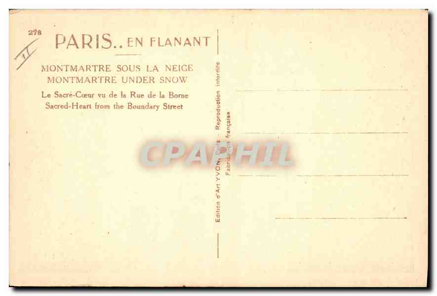 CPA Paris en Flanant Montmarte sous le Neige Le Sacre Coeur vu de la Rue de la Borne — Rückseite