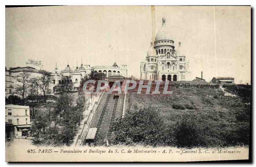 Paris — Seilbahn und Basilika des S. C. von Montmartre — A. P. — Konvent S.-C. in Montmartre